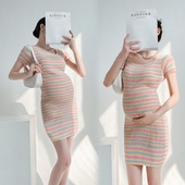 彩虹条纹针织连衣裙小个子修身 孕妇装 夏季 显瘦包臀打底内搭裙子夏