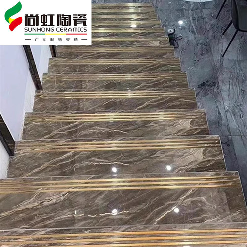 广东通体楼梯瓷砖踏步可加工470x1200金丝釉圆弧一体防滑梯级砖
