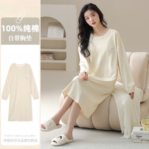睡裙女秋冬季纯棉带胸垫长袖全棉
