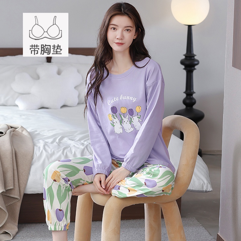 新款女士纯棉带胸垫可外穿套装