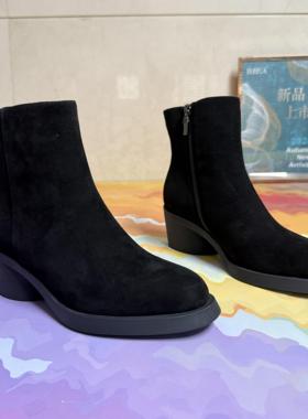 路贝佳时装短款粗跟圆头侧拉链女靴2024冬L24978F-37