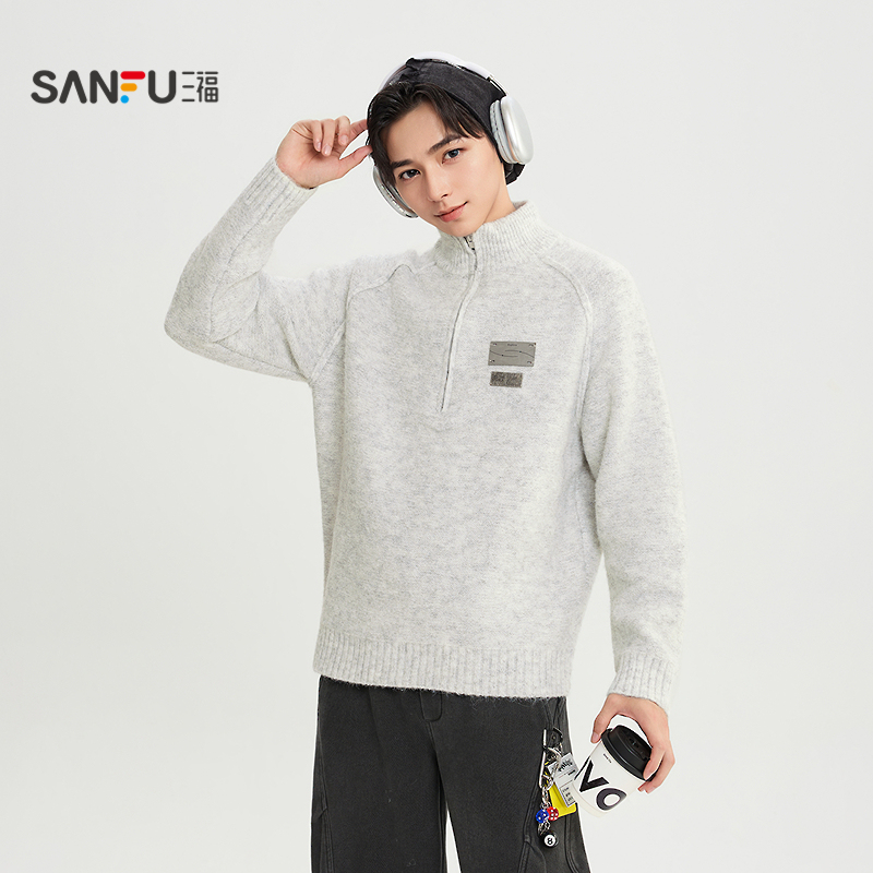 三福2025冬季男士织唛点缀半高领毛衣 街潮时尚宽松上衣513348