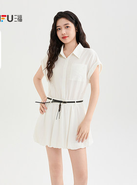 三福连衣裙2026夏季门襟纽扣时尚皮带优雅翻领裙子女装525394
