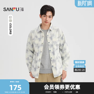 休闲翻领上衣518671 渐变格纹口袋英文长衬衫 三福2026春季 男士