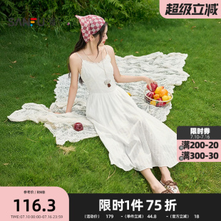 三福连衣裙2026夏季蕾丝绑带领收腰吊带裙散摆裙子女装521353
