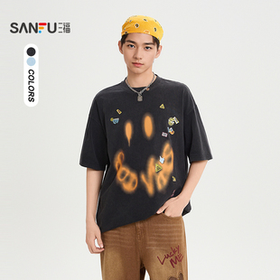 三福2026夏季男士英文贴纸印花重磅短T恤 街潮宽松上衣520889
