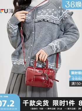 三福手提包冬季红色胶囊系列樱桃波士顿包甜美风女包514372