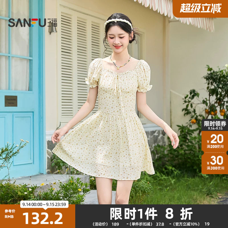 三福连衣裙2026夏季泡泡袖绑带碎花收腰清新裙子女装522021图片
