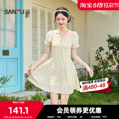 三福连衣裙2026夏季泡泡袖绑带碎花收腰清新裙子女装522021
