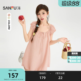 三福连衣裙2026夏季绑带领口木耳边袖格子娃娃裙女装526963