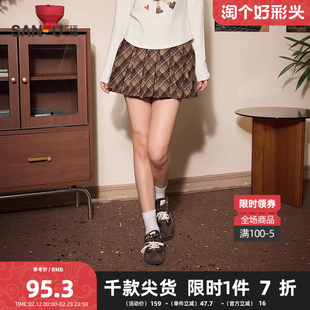 三福短裙2026春季格子防走光内衬金属扣眼百褶裙女装516124