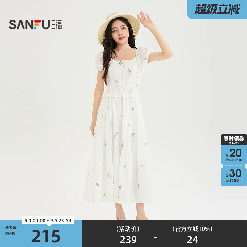 三福连衣裙2026夏季打揽满版碎花收腰方领裙子女装524154图片