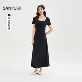 三福连衣裙2026夏季 大方领褶皱收腰优雅裙子长裙女装 519727