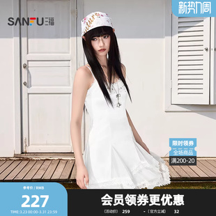 三福连衣裙2026夏季 521093 网纱蕾丝拼接不规则摆收腰裙子女装