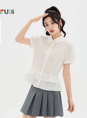 三福衬衫2026夏季小泡泡袖下摆多层荷叶边上衣女装525540