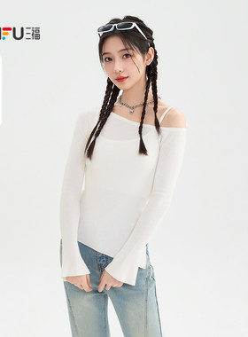 三福毛衣2026冬季斜开叉下摆吊带斜肩假两件上衣女装511633