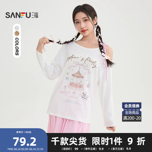 三福慵懒风长袖 505893 T恤2025秋季 甜美印花格子绑带斜肩上衣女装