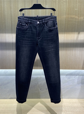 现货CNC 25秋冬后兜logo字母标语刺绣男士修身黑灰色牛仔裤