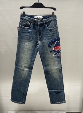 现货PIERRE PIERUCCI 25秋冬logo字母植绒刺绣男士水洗牛仔裤