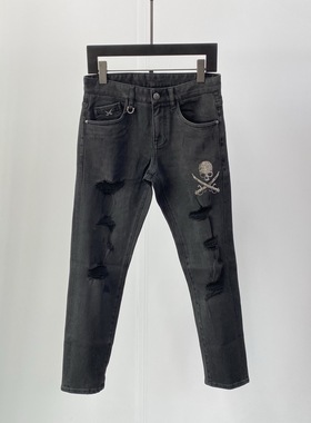 特惠Dartin Bonaparto DB双刀骷髅头烫钻男士破洞牛仔裤927159