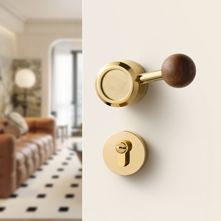 金色卧室门锁室内木门磁吸静音房门锁家用中古风胡桃木圆球门把手