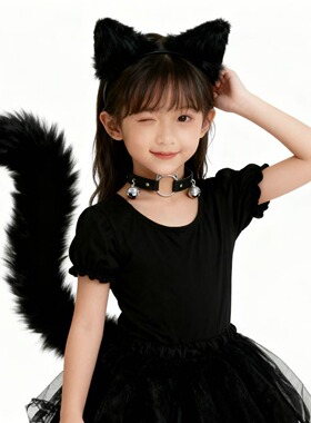 万圣节手工儿童套装狐妖发饰配饰毛绒发箍女狐狸尾巴项圈铃铛头饰