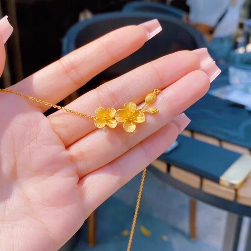 丁香花项链古法沙金小众设计花朵颈链复古简约气质朱槿花锁骨链