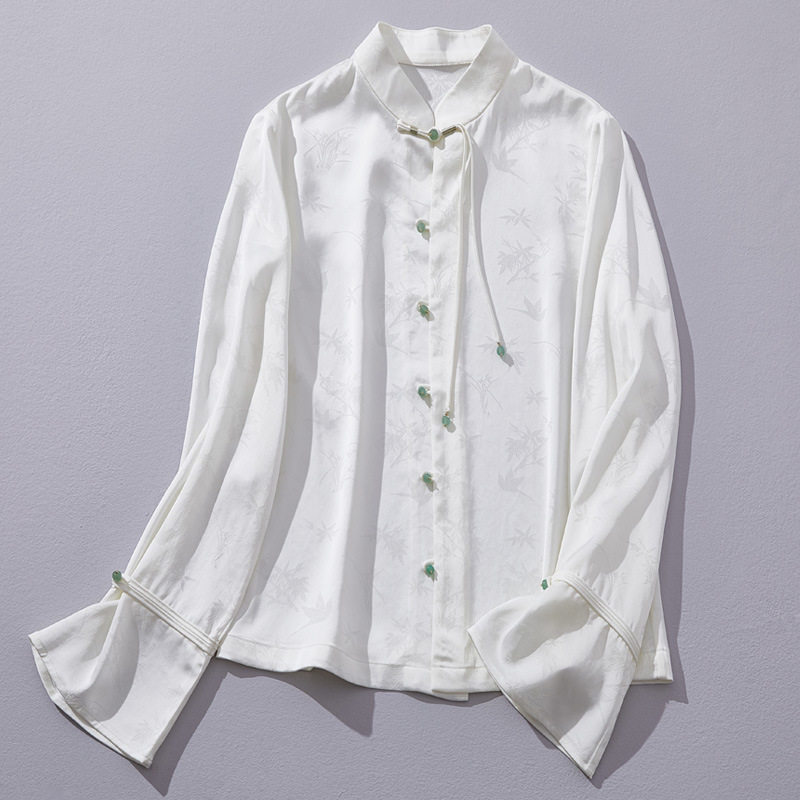 新中式中国风改良汉服中式立领人丝提花长袖复古茶服显瘦衬衫上衣