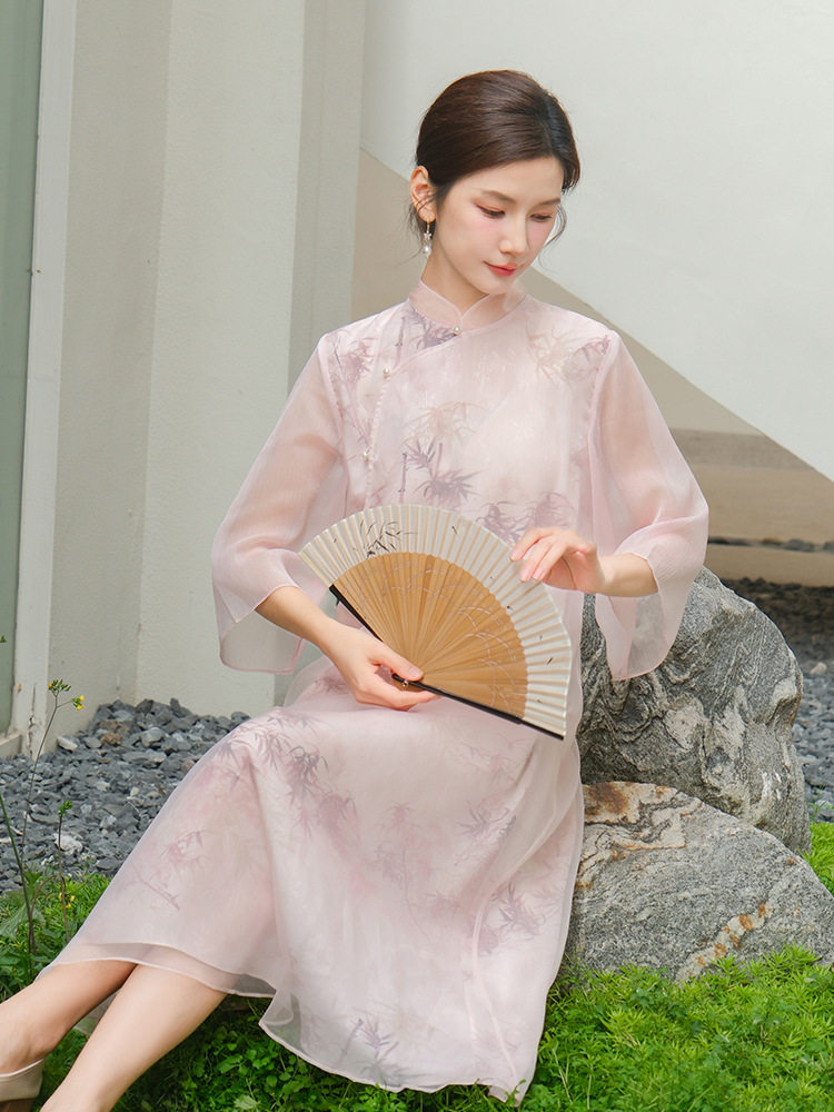 新中式复古气质印花竹子汉服旗袍
