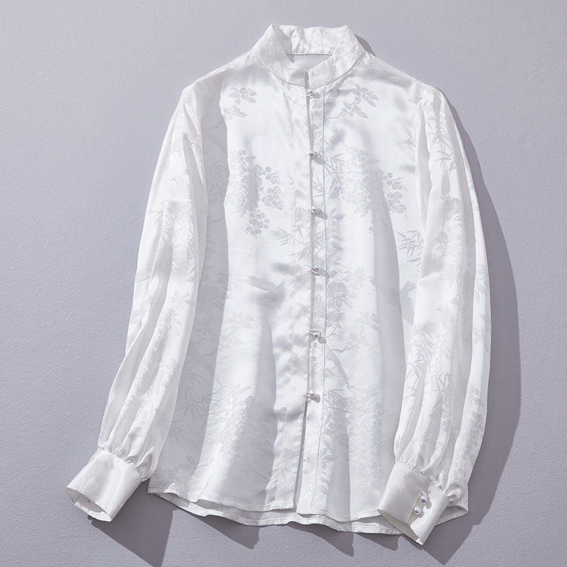 新中式改良汉服上衣复古小方立领长袖人丝提花禅服茶服百搭衬衫女