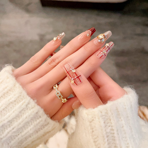 【红豆南国】纯手工定制穿戴甲中长款轻奢高级感中梯法式新年美甲