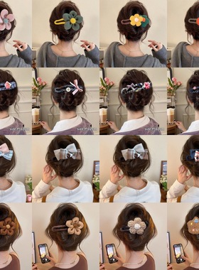 秋季针织花朵鸭嘴夹撞色亚克力盘发一字夹甜美百搭发夹女头饰