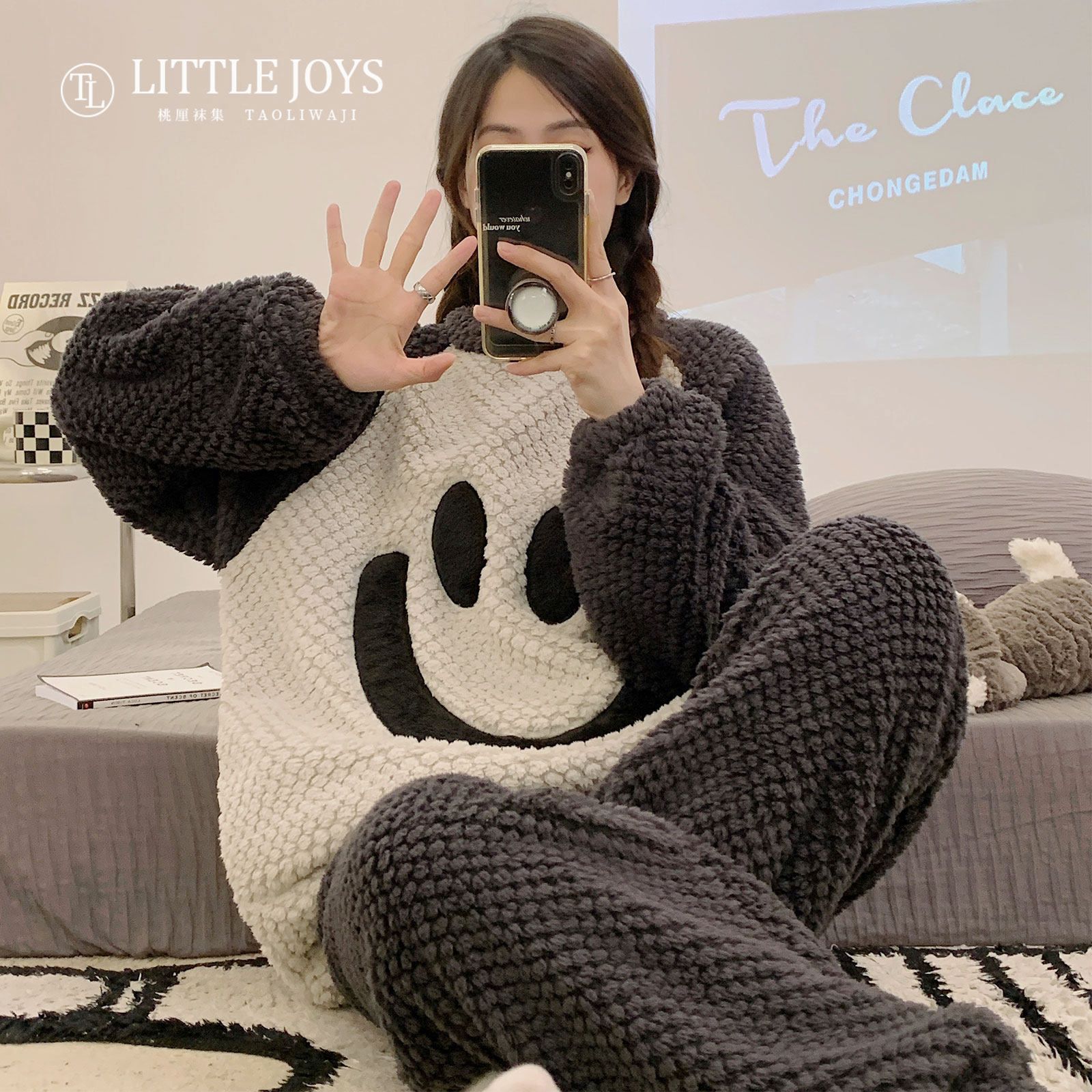 珊瑚绒睡衣女士套头秋冬季加绒加厚保暖大码笑脸家居服套装2026新