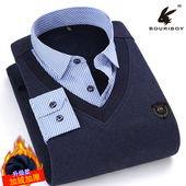 男加绒加厚爸爸装 花花公子冬季 保暖衬衫 中年假两件衬衣领套头毛衣