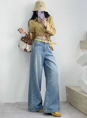 十三行欧货女装MK-MZ后兜蝴蝶结刺绣牛仔裤女高腰直筒阔腿休闲裤