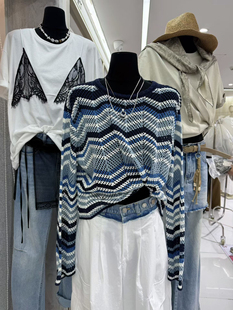 女宽松套头防晒衫 EMPRESS撞色波浪纹镂空针织衫 十三行欧货女装