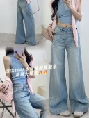 MZ春季 新款 十三行欧货女装 小碎花国风重工烫钻高腰直筒牛仔裤