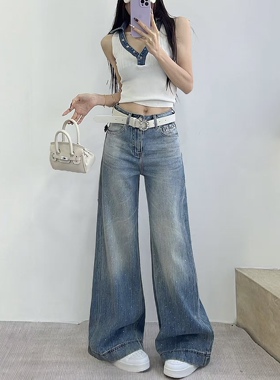 十三行欧货女装MK-MZ重工烫钻高腰直筒牛仔裤女显瘦高品质拖地裤