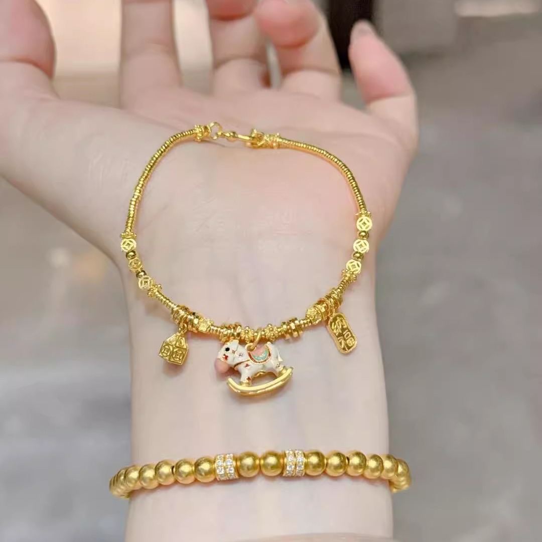 水贝黄金古法手串木马手链足金999送女友礼物diy定制