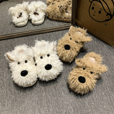 新款冬季加绒可爱学生棉拖寝室小狗厚底棉鞋女老北京东北保暖防滑
