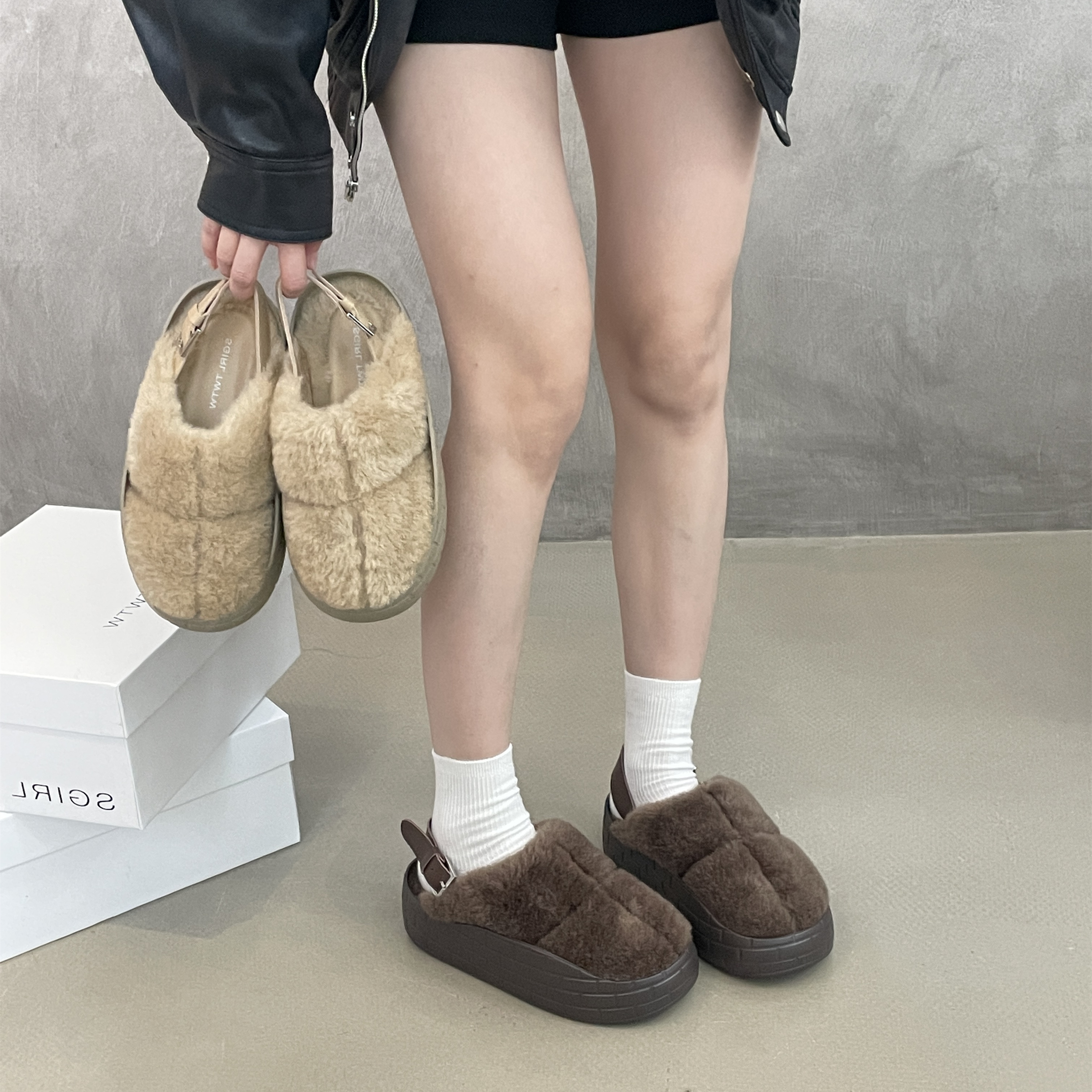 SGIRL TWTW日系超轻便松糕毛毛鞋女百搭一脚蹬棉鞋加绒保暖勃肯鞋