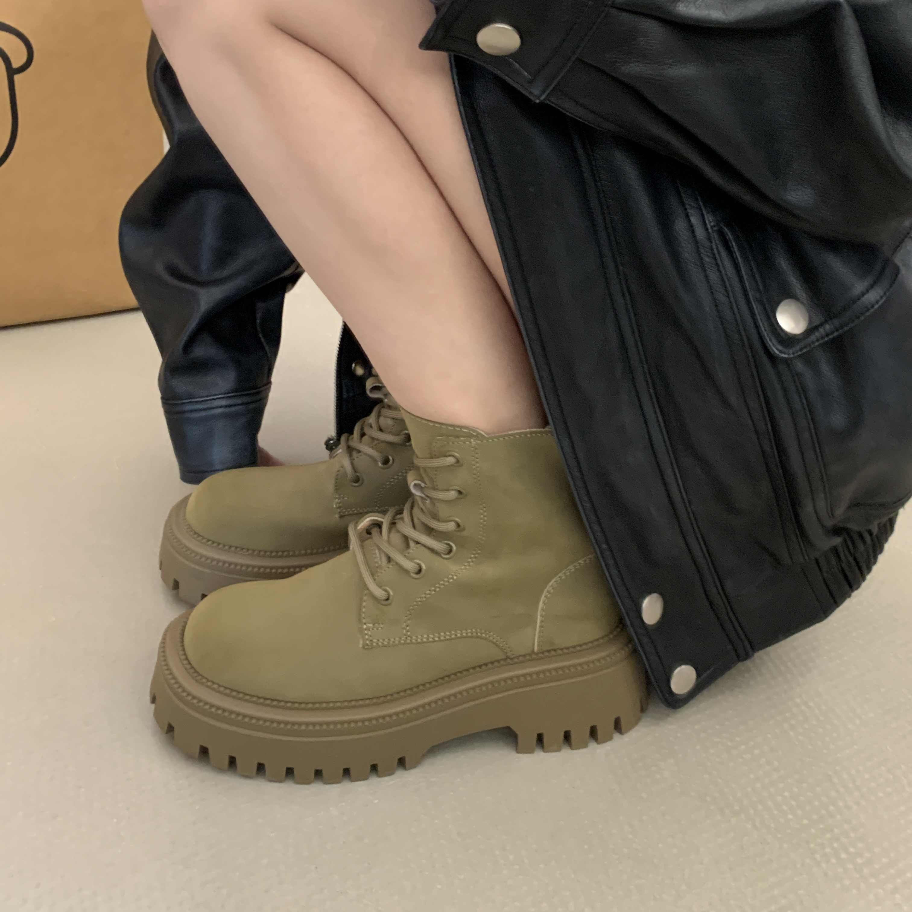 SGIRL TWTW复古风厚底马丁靴女百搭前系带圆头粗跟短靴酷帅机车靴