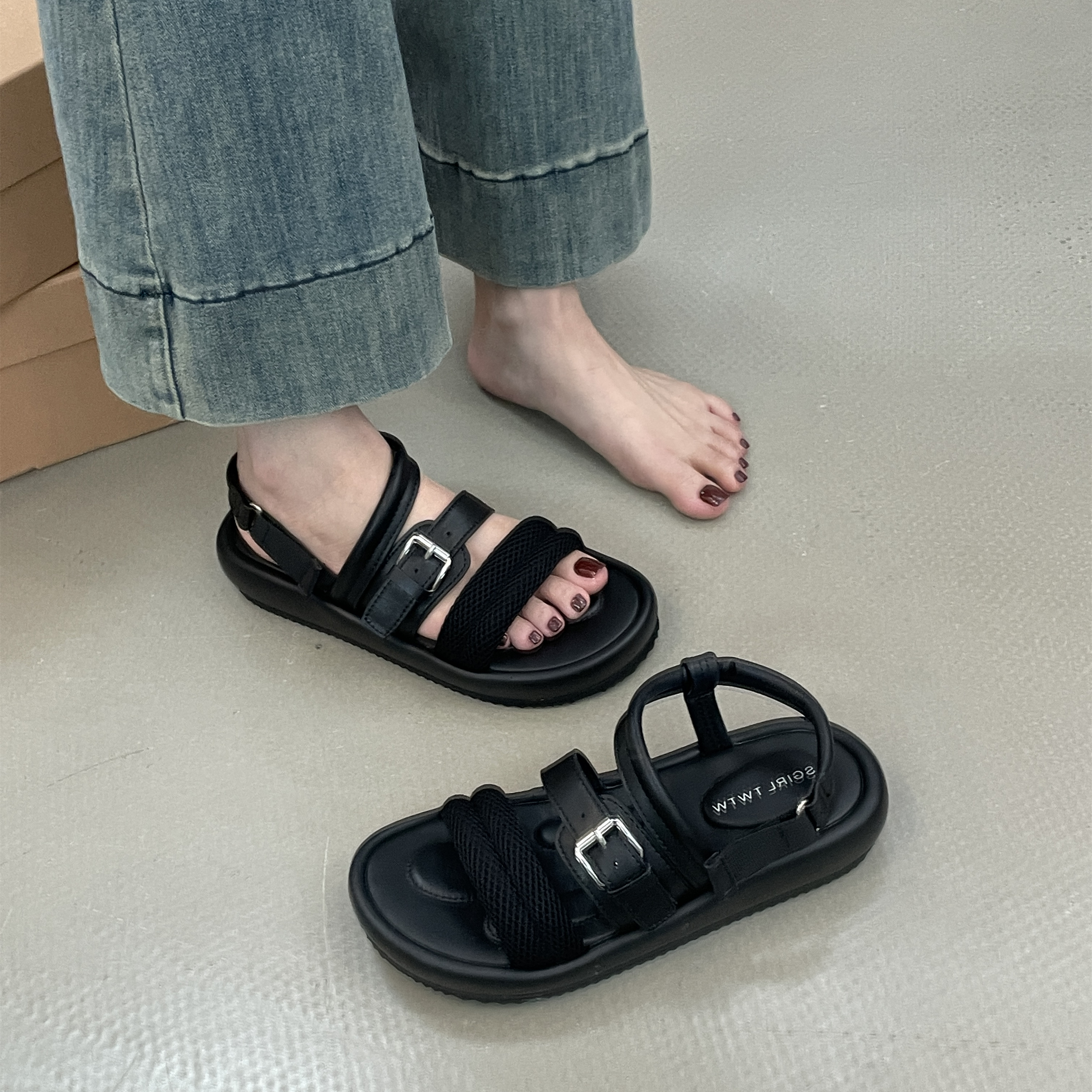 SGIRL TWTW厚底罗马凉鞋女夏季新款外穿露趾休闲增高百搭一字凉拖