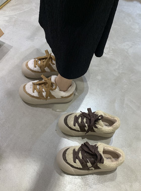SGIRL TWTW复古风拼色厚底面包鞋女系带加绒休闲松糕鞋保暖蓬蓬鞋