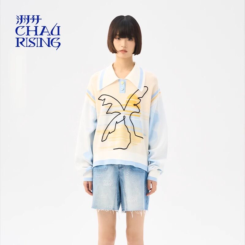 设计师CHAU.RISING/洲升24春夏新款女薄款毛衣海滩日出polo针织衫