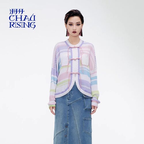洲升/CHAU.RISING秋冬新款新中式条纹羊毛开衫上衣外套女士