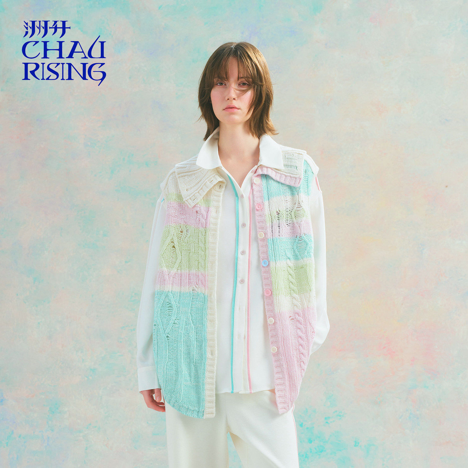 洲升/CHAU.RISING2026春夏花园条纹长开襟马甲多巴胺彩色翻领开衫,女装/女士精品,毛针织衫,淘宝优惠券,粉丝福利购,淘宝优惠卷
