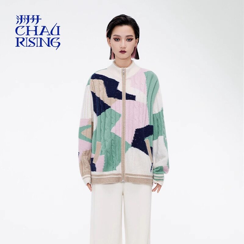 CHAU.RISING/洲升2024冬季新款几何迷彩套头山羊绒拉链衫针织上衣