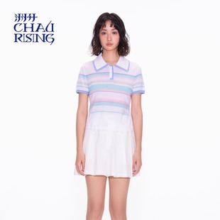 上衣女 CHAU.RISING 洲升2025夏季 淡人穿搭休闲短款 羊毛彩条POLO衫