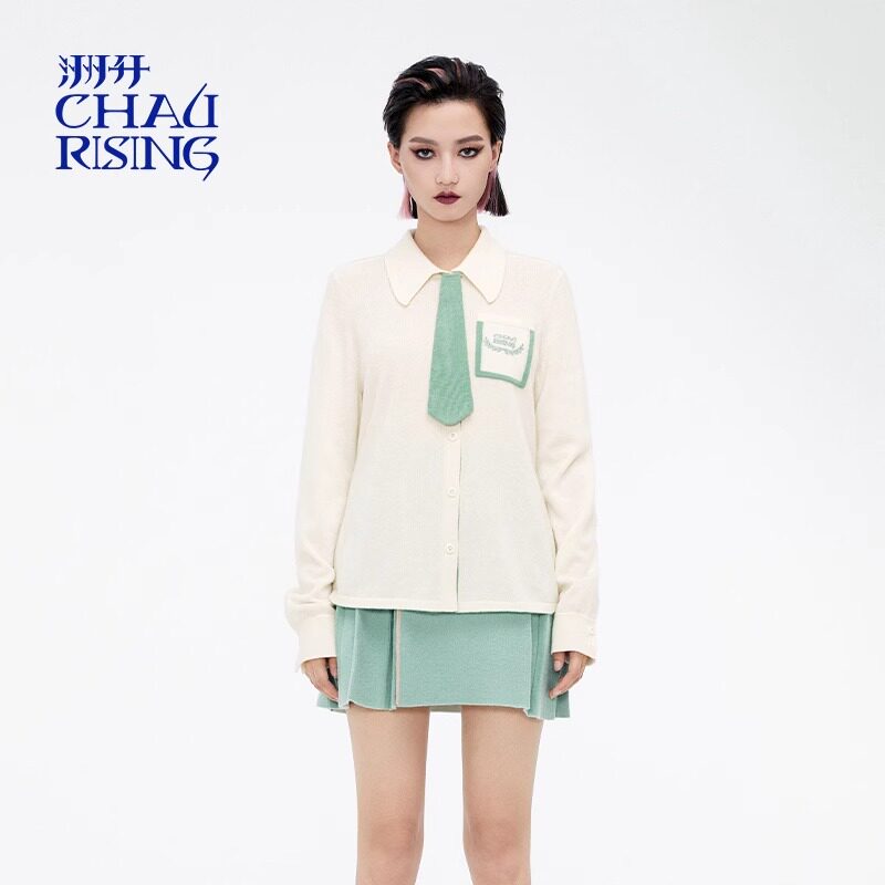 CHAU.RISING/洲升设计师2024冬季新款领带羊绒polo领撞色开衫上衣